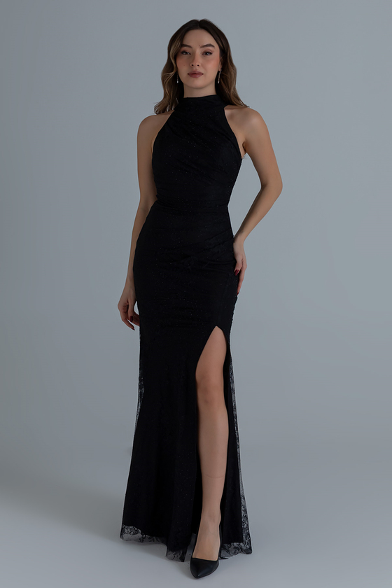 Halter Yaka Drapeli Abiye - SİYAH