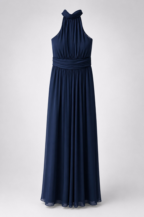Halter Yaka Drapeli Şifon Elbise - LACİVERT