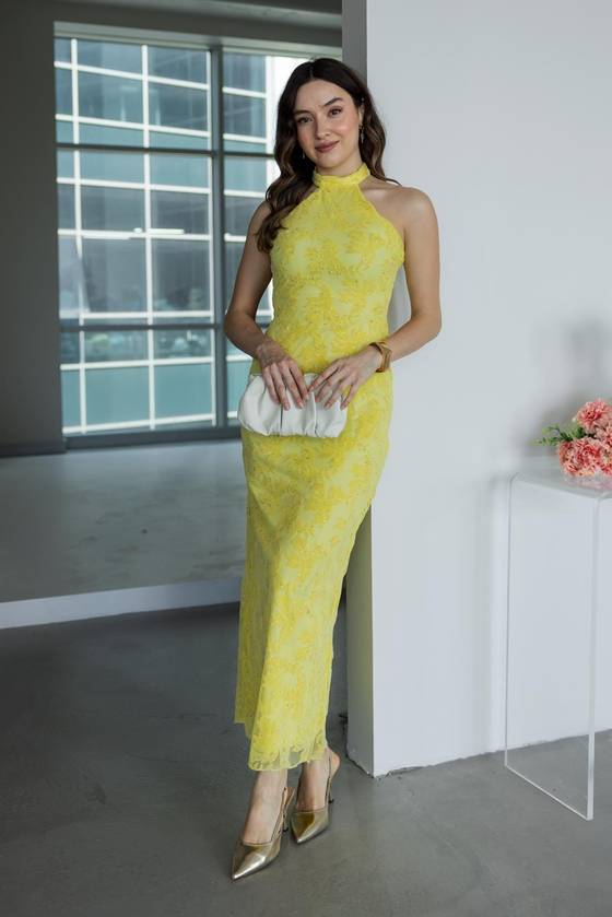 Halter Yaka Parıltılı Elbise - SARI