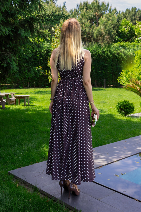 Halter Yaka Puantiyeli Saten Elbise - KAHVERENGİ