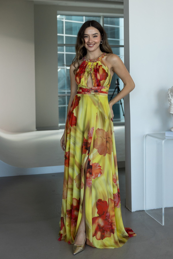 Halter Yaka Tül Abiye - SARI