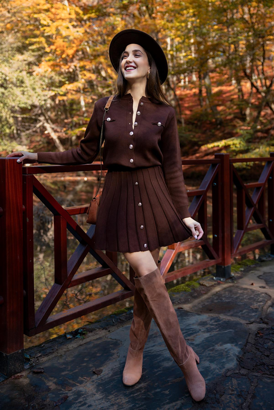 Knit Set with Cardigan - Brown
