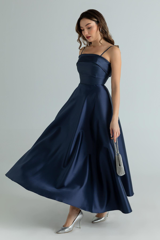 İnce Askılı Saten Abiye - LACİVERT