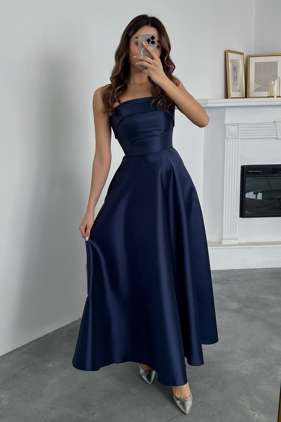 İnce Askılı Saten Abiye - LACİVERT