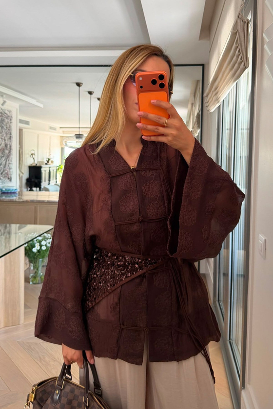 İp Bağcıklı Brodeli Kimono - KAHVERENGİ