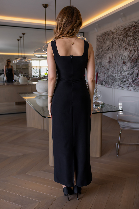 Kalın Askılı Taş İşlemeli Elbise - SİYAH