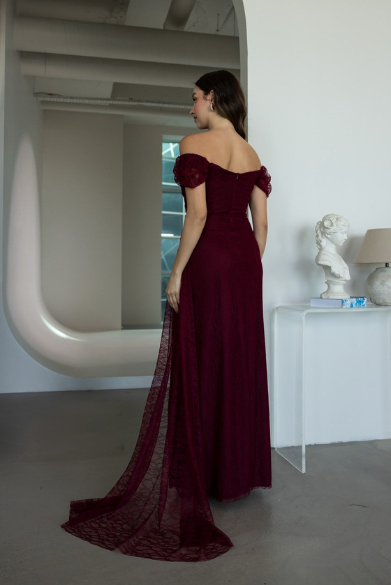 Kayık Yaka Dantelli Abiye - BORDO