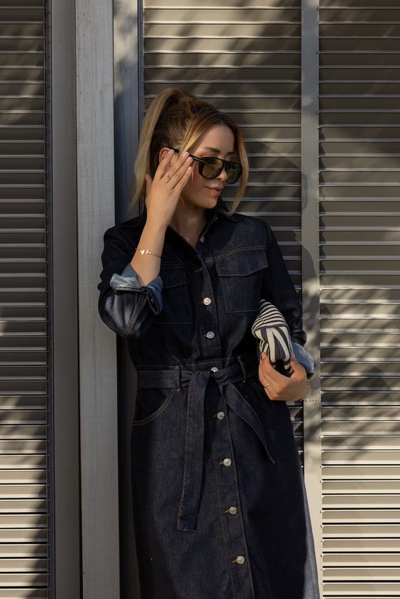 Kemerli Cep Detaylı Denim Elbise - LACİVERT