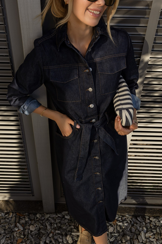 Kemerli Cep Detaylı Denim Elbise - LACİVERT