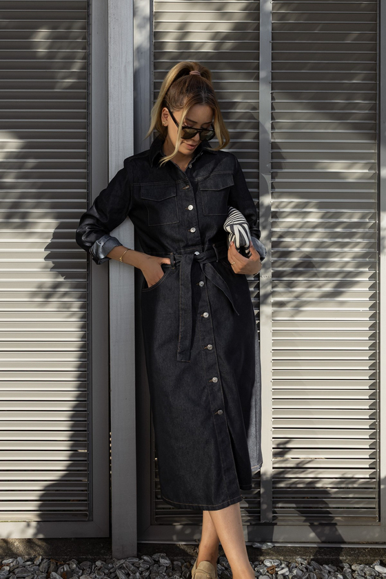 Kemerli Cep Detaylı Denim Elbise - LACİVERT