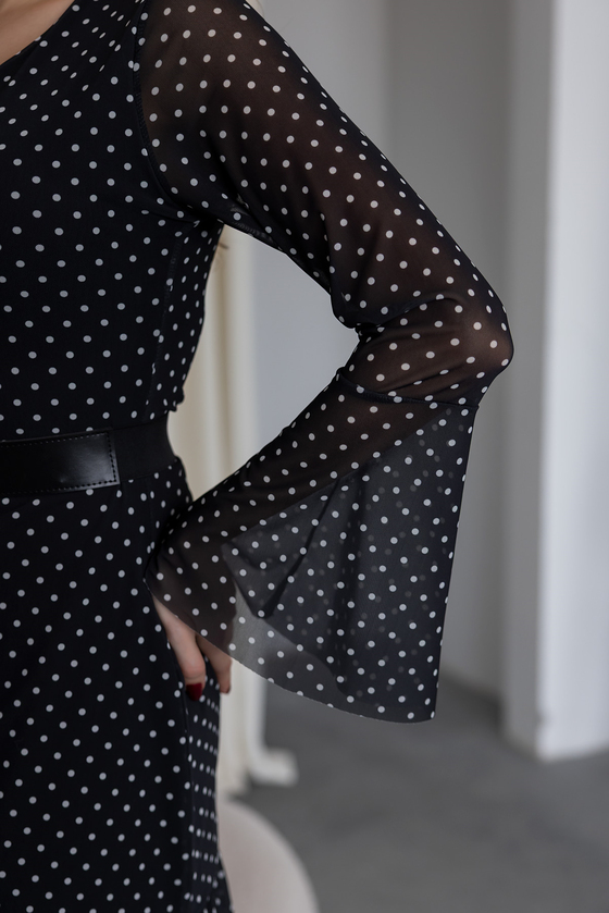 Kemerli Puantiyeli Elbise - SİYAH