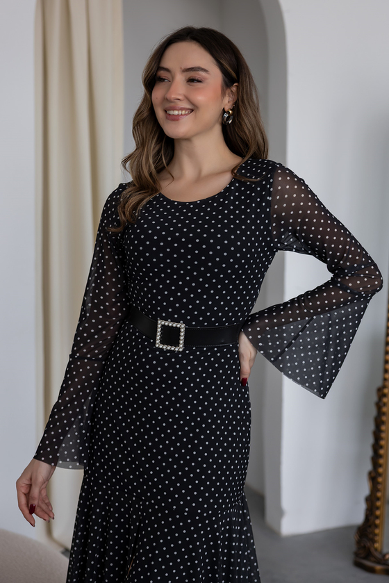 Kemerli Puantiyeli Elbise - SİYAH