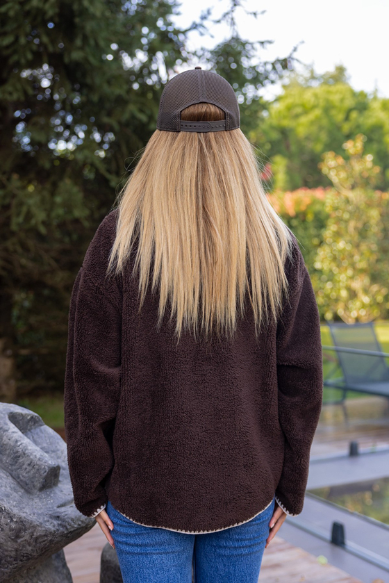 Kontrast Biyeli Fermuarlı Peluş Sweat - KAHVERENGİ