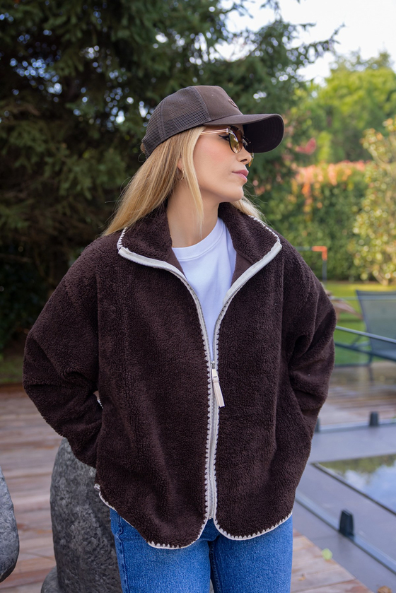Kontrast Biyeli Fermuarlı Peluş Sweat - KAHVERENGİ
