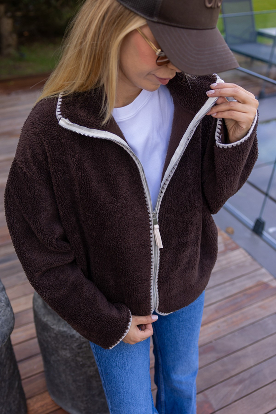 Kontrast Biyeli Fermuarlı Peluş Sweat - KAHVERENGİ