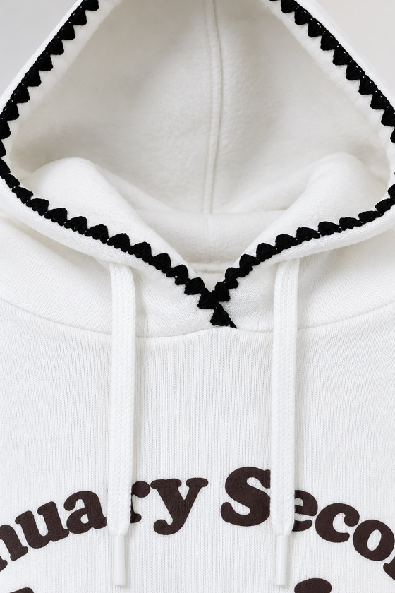 Kontrast Dikiş Baskılı Kapüşonlu Sweat - BEYAZ