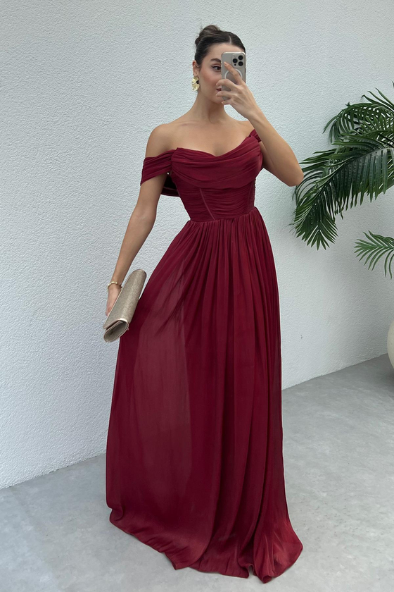 Krinkıl Pileli Saten Abiye - BORDO