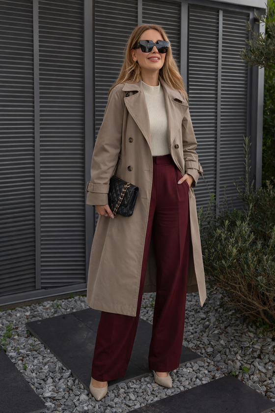 Kruvaze Yaka Kuşaklı Trençkot - KREM