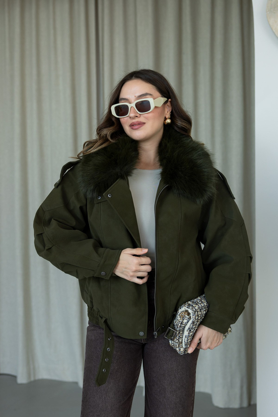Kürk Yaka Dokulu Bomber Mont - HAKİ