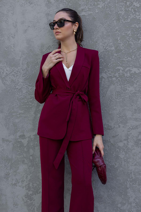 Kuşaklı Ceket Takım - BORDO