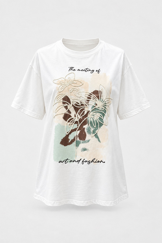 MGZ Baskı Nakış Detaylı T-Shirt - EKRU