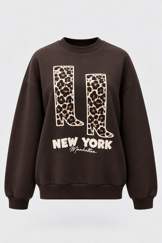 MGZ Leopar İşlemeli Sweatshirt - KAHVERENGİ