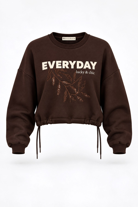 MGZ Nakışlı Yazı Baskılı Crop Sweat - KAHVERENGİ