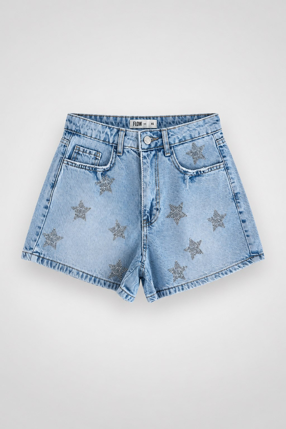 MGZ Taşlı Denim Şort - MAVİ