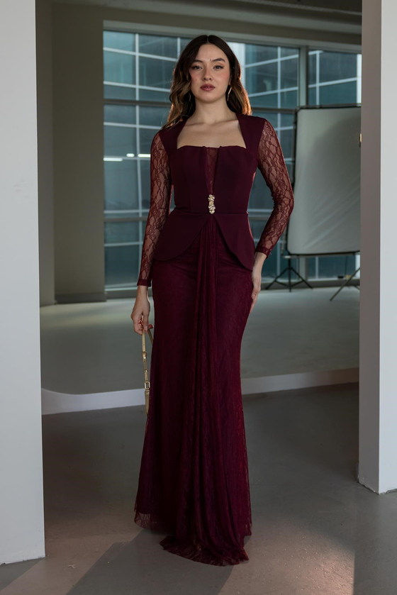 Peplum Detaylı Dantel Abiye - BORDO