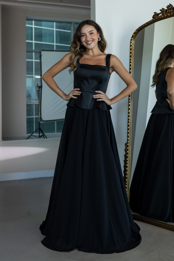 Peplum Detaylı Şifon Etekli Abiye - SİYAH