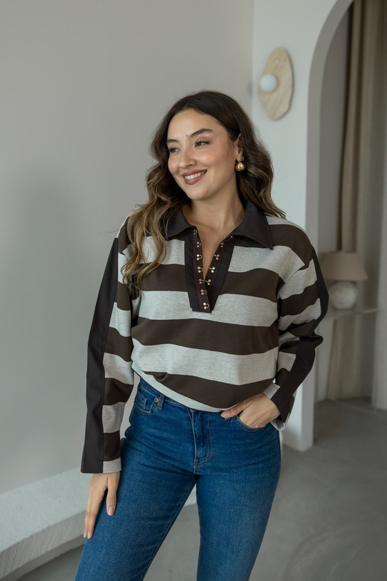 Polo Yaka Çizgili Kopçalı Sweat - KAHVERENGİ