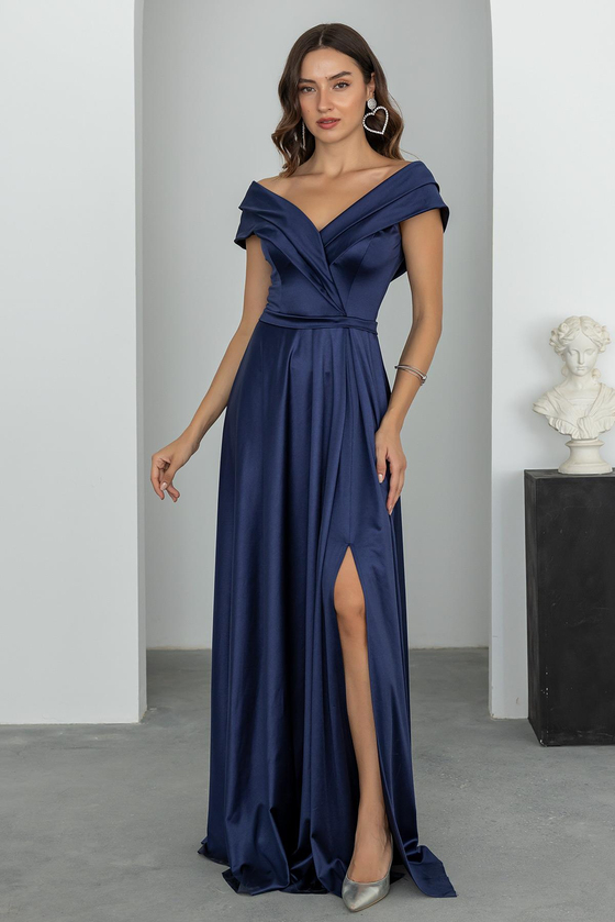 Prenses Yaka Saten Abiye - LACİVERT