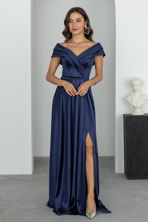 Prenses Yaka Saten Abiye - LACİVERT