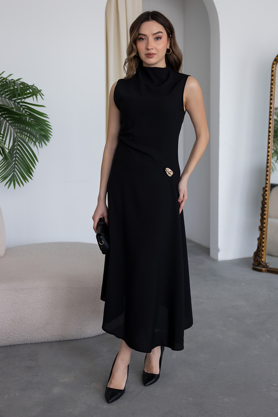 Sıfır Kol Aksesuarlı Elbise - SİYAH