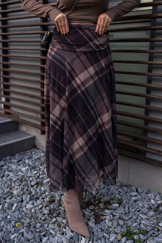 Şifon Ekose Etek - KAHVERENGİ