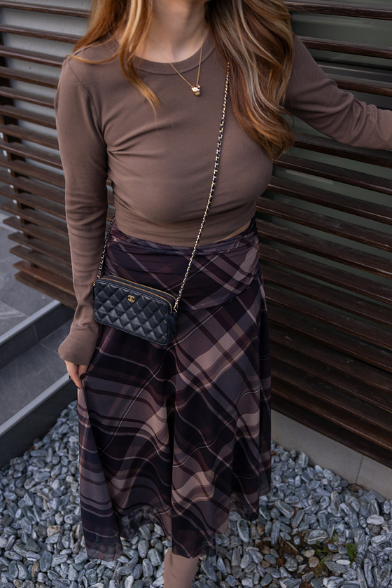 Şifon Ekose Etek - KAHVERENGİ