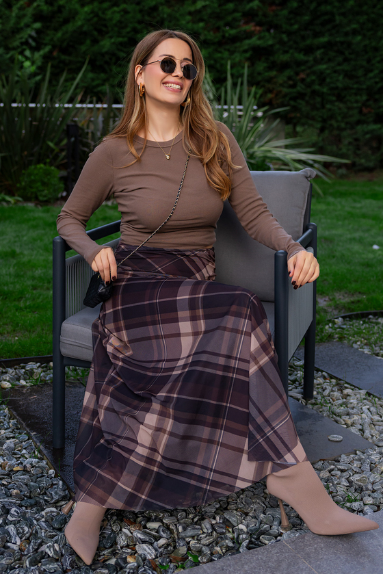 Şifon Ekose Etek - KAHVERENGİ