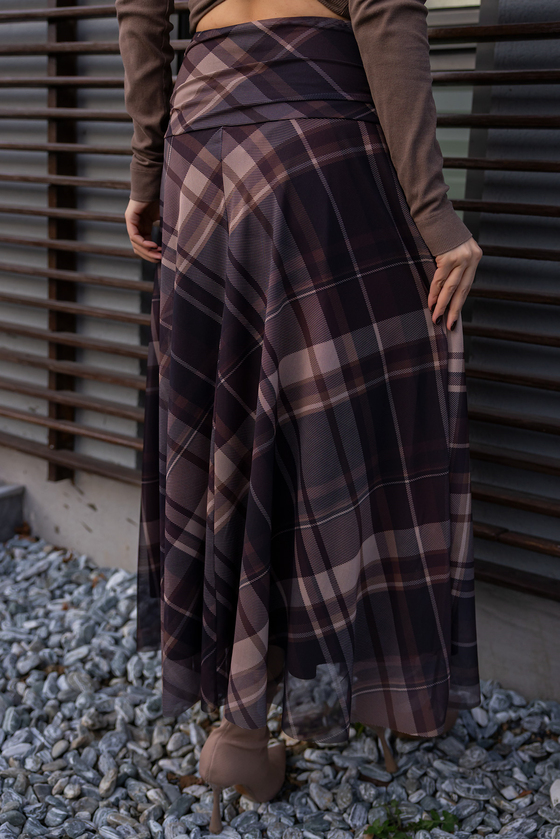 Şifon Ekose Etek - KAHVERENGİ