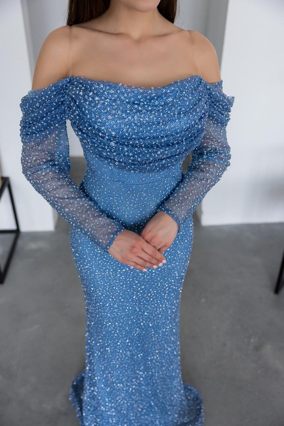 Simli Uzun Abiye - MAVİ