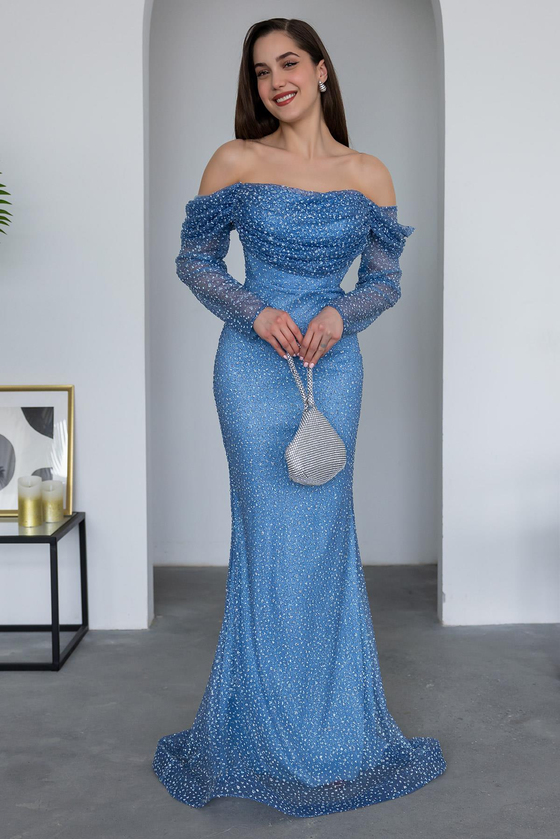 Simli Uzun Abiye - MAVİ