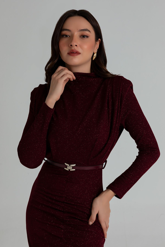 Simli Uzun Gece Elbisesi - BORDO