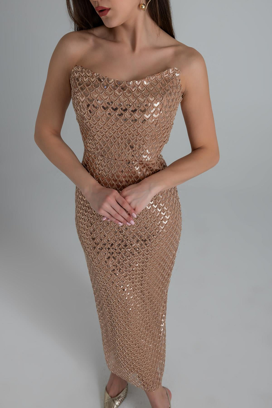 Straplez Payetli Midi Abiye - GOLD