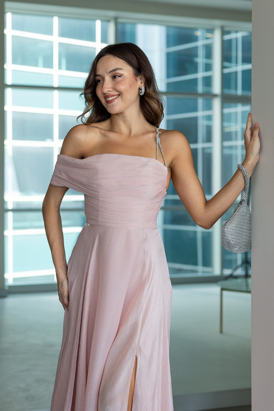 Taş Askılı Asimetrik Yaka Abiye - PEMBE