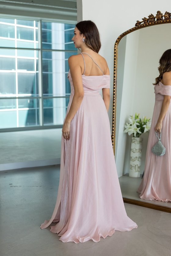 Taş Askılı Asimetrik Yaka Abiye - PEMBE