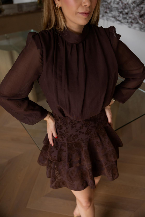 Transparan Flok Baskılı Elbise - KAHVERENGİ