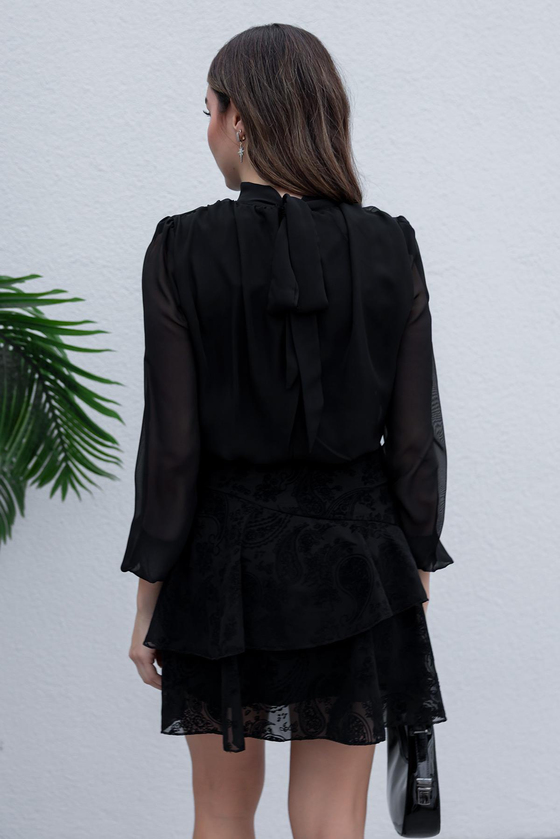 Transparan Flok Baskılı Elbise - SİYAH