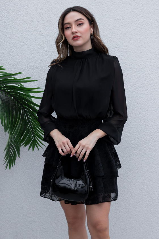 Transparan Flok Baskılı Elbise - SİYAH