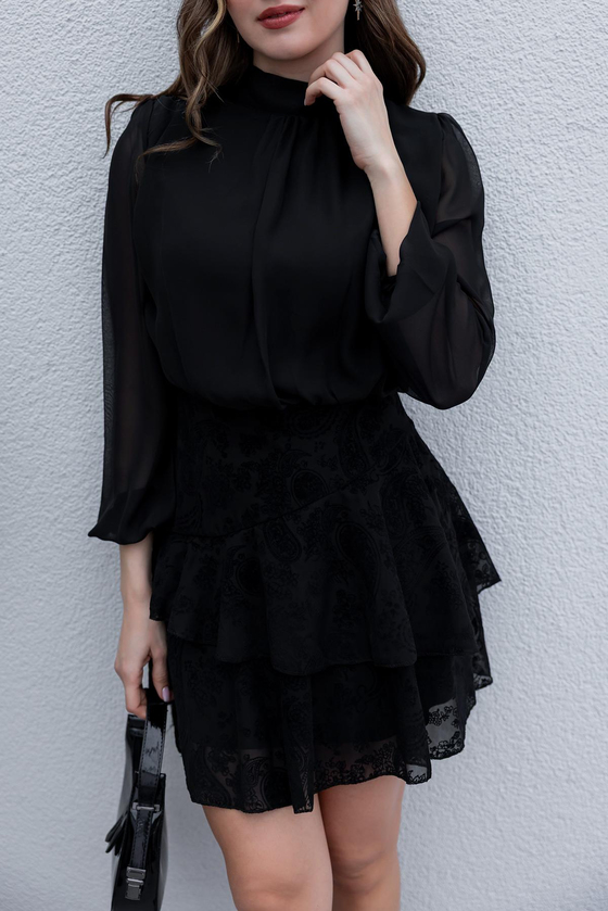 Transparan Flok Baskılı Elbise - SİYAH