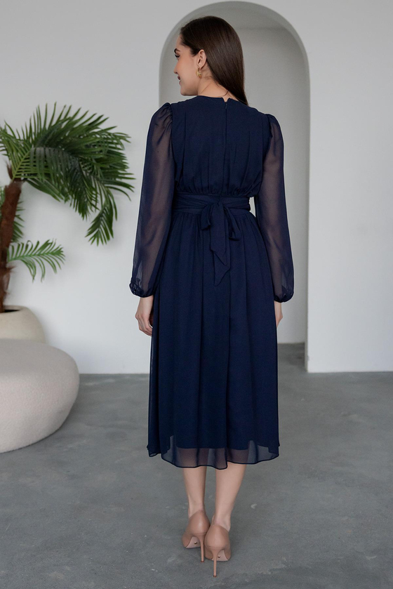 V Yaka Şifon Elbise - LACİVERT