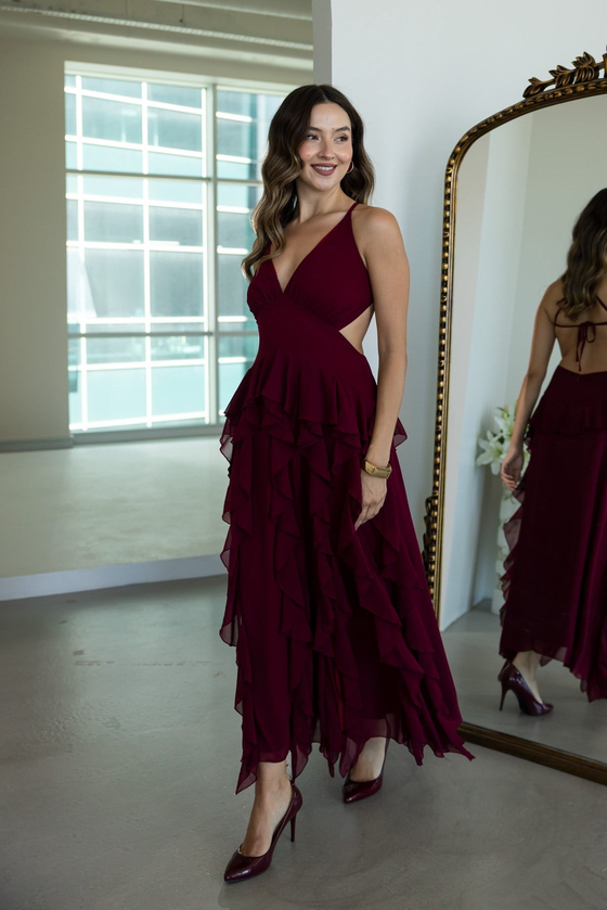 Volan Detaylı Yırtmaçlı Elbise - BORDO